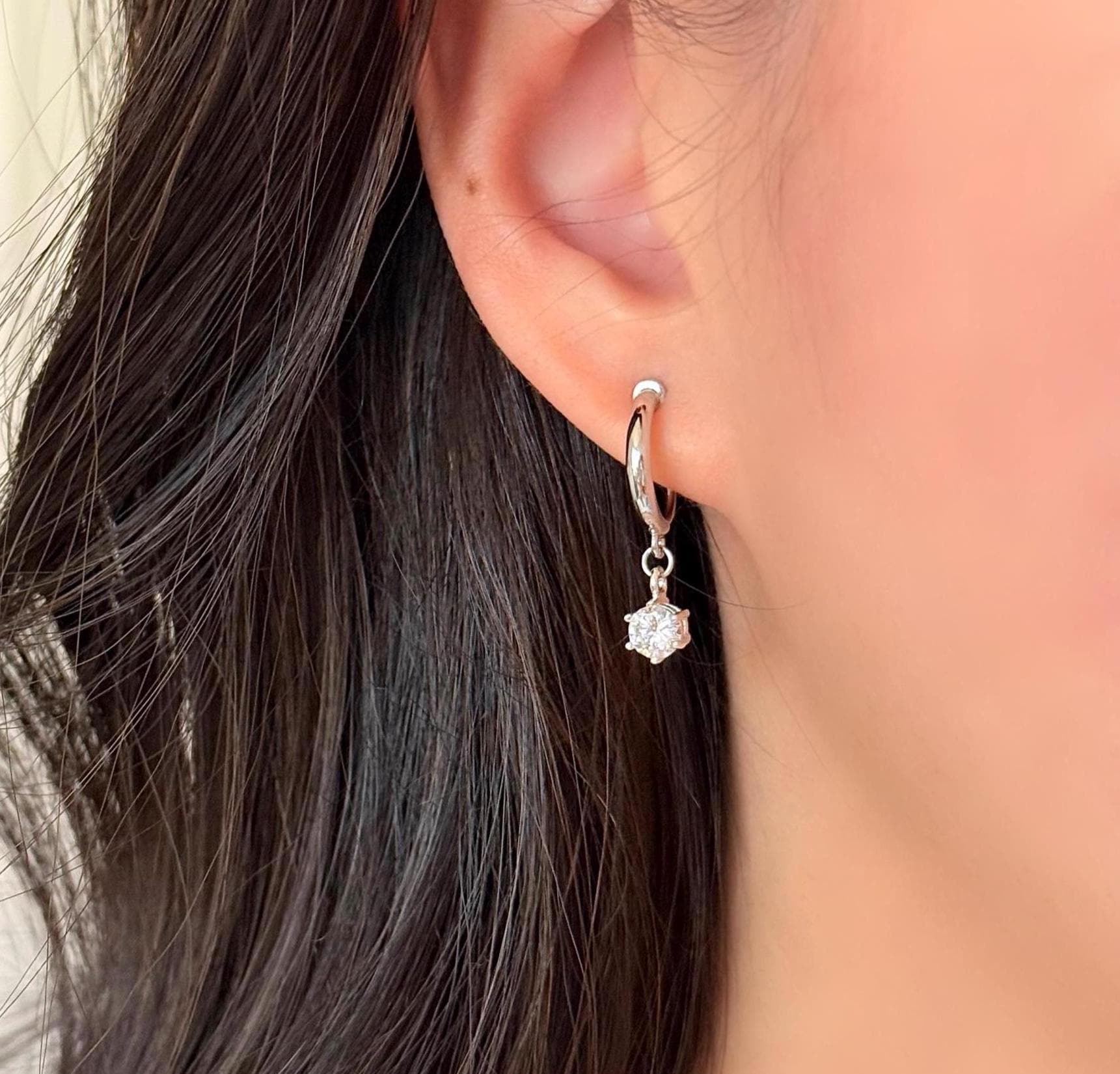 No Piercing Ear Clips, White Gold Plated Mini Diamond Drop Hoop Clip on Earrings, Hypoallergenic Ear Clips，Minimalist Clip on Earring Gift