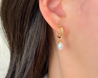 No Piercing Ear Clips,  Freshwater Pearl with 14K Gold Plated Hoop Clip on Earrings, Hypoallergenic Elegant Pearl Ear Clips, Stylish Gift