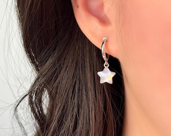 No Piercing Ear Clips,  White Gold Plated Star Charm Hoop Clip on Earrings, Hypoallergenic Elegant Ear Clips, Stylish Gift