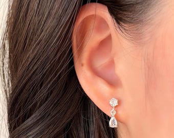 No Piercing Ear Clips, White Gold Plated Minimalist White Diamond Drop Clip on Earings, Wedding Ear Clips, Clip on Earrings, Gift for Her