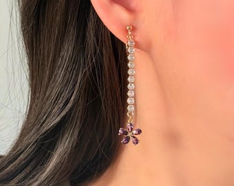 No Piercing Ear Clips, 14K Gold Plated Purple Flower Drop Dangle Clip on Earrings, Hypoallergenic Stylish Gift