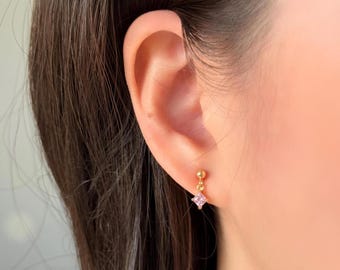 No Piercing Ear Clips, 14K Gold Plated Mini Pink Diamond Drop Clip on Earings, Wedding Ear Clips, Cute Clip on Earrings, Gift for Her