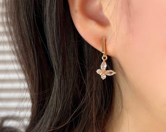 No Piercing Ear Clips, 14K Gold Plated Dangle Butterfly Bow Earrings, Hypoallergenic Clip on Earrings, Wedding Ear Clips, Gift for her