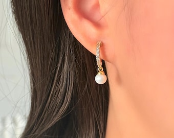 No Piercing Ear Clips, Round Freshwater Pearl with 14K Gold Plated Diamond Hoop Clip on Earrings, Hypoallergenic Wedding Ear Clips