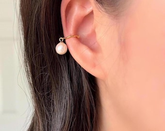 No Piercing Ear Cuff, 14K Gold Plated Faux Pearl Ear Cuff, Clip on Earring, Gift for her, Boho, Retro Ear Cuff and Wrap Earring.
