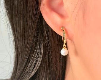 No Piercing Ear Clips, Round Freshwater Pearl with 14K Gold Plated Hoop Clip on Earrings, Hypoallergenic Wedding Ear Clips