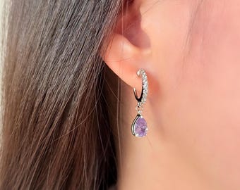 No Piercing Ear Clips, White Gold Plated Purple Teardrop CZ Hoop Clip On Earrings , Hypoallergenic Wedding Ear Clips, Stylish Gift