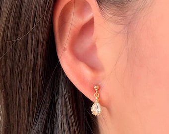 No Piercing Ear Clips, 14K Gold Plated Dainty White Diamond Teardrop Clip on Earings, Wedding Ear Clips, Clip on Earrings, Gift for Her