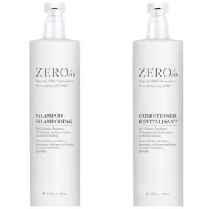 May include: Two white bottles of hair care products, Zero Percent Naturally KIND Formulation. The bottle on the left is shampoo, the bottle on the right is conditioner. Both bottles are 15 fl oz / 443 ml.