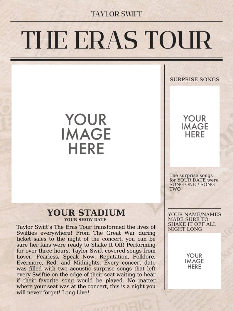 Taylor Swift the Eras Tour Customizable Newspaper Keepsake Digitally