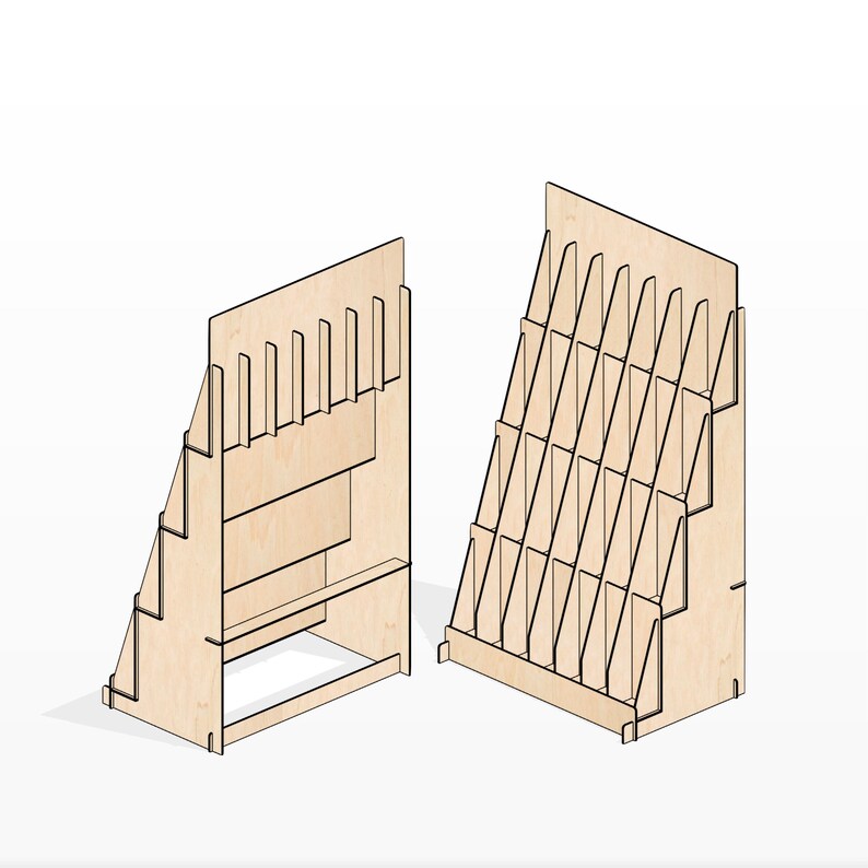 May include: Two wooden magazine display stands. The stand on the left has a single shelf and a back panel with slots for magazines. The stand on the right has multiple shelves and a back panel with slots for magazines.