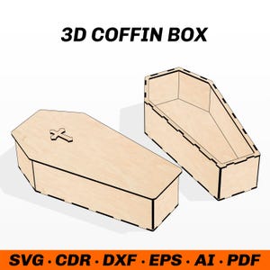 Puede incluir: Dos cajas de ataúd 3D de madera, una cerrada con una cruz encima y la otra abierta. Las cajas son de color marrón claro con ribetes negros. El texto "3D COFFIN BOX" está encima de las cajas. Debajo, los tipos de archivo: SVG, CDR, DXF, EPS, AI y PDF.