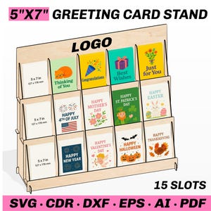 Laser-Schnitt-Grußkarten-Ausstellungsstand 3-Tier-Halter mit 15 Steckplätzen Passend für 5x7-Postkarten-Broschüren-Aufkleber SVG-DXF-Datei