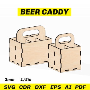May include: Two wooden beer caddies with handles. The larger caddy has six compartments and the smaller caddy has four compartments. Both caddies are made of 3mm (1/8 inch) thick wood.