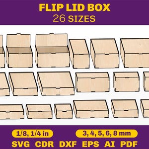 Laser Cut Box With Flip Up Lid, Storage Box, 26 Different Sizes, Multiple Material Thickness, Laser Cutting Files Glowforge SVG, DXF