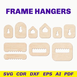 May include: A set of eight different wooden frame hangers in various shapes and sizes. The hangers are designed to be attached to the back of a picture frame to allow it to be hung on a wall.