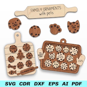Galletas de Navidad personalizadas Adornos familiares SVG con mascotas / Archivos cortados con láser
