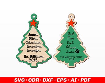 Personalized Family Christmas Ornament with names and pets | SVG DXF Laser Cut File for Glowforge and laser cutting