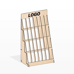 May include: A wooden magazine rack with a slanted design and multiple compartments. The rack has a sign that says "LOGO" at the top.