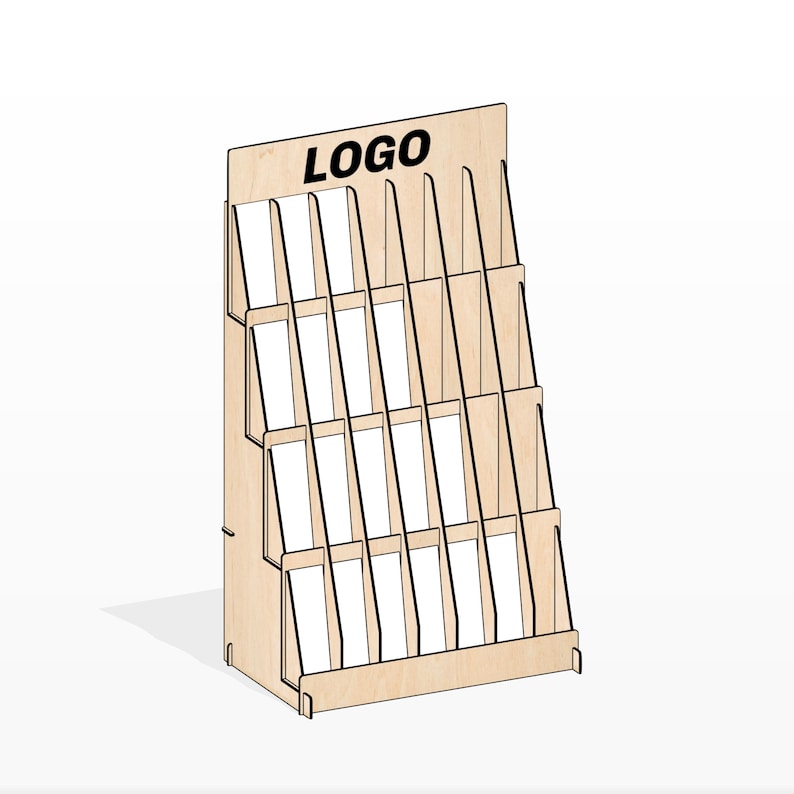 May include: A wooden magazine rack with a slanted design and multiple compartments. The rack has a sign that says "LOGO" at the top.