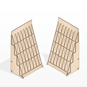 May include: Two wooden display stands with multiple shelves for displaying products. The stands are made of light brown wood and have a slanted design.