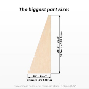 May include: Diagram showing the dimensions of a wooden shelf unit. The largest part of the shelf is 25.3 inches to 25.8 inches tall and 10 inches to 10.7 inches wide. The dimensions are also listed in millimeters: 642mm to 655.4mm tall and 255mm to 271.8mm wide. The text "*size depend on material thickness: 3mm - 6.35mm (1/4")" is at the bottom of the diagram.