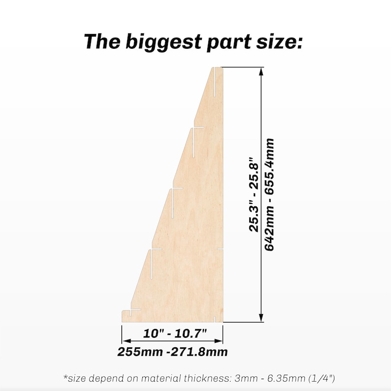 May include: Diagram showing the dimensions of a wooden shelf unit. The largest part of the shelf is 25.3 inches to 25.8 inches tall and 10 inches to 10.7 inches wide. The dimensions are also listed in millimeters: 642mm to 655.4mm tall and 255mm to 271.8mm wide. The text "*size depend on material thickness: 3mm - 6.35mm (1/4")" is at the bottom of the diagram.