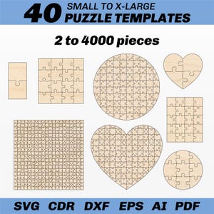 Puede incluir: 40 plantillas de rompecabezas en varias formas y tamaños, incluyendo cuadrado, rectángulo, círculo y corazón. Las plantillas están diseñadas para 2 a 4000 piezas. El texto "SMALL TO X-LARGE" y "2 to 4000 pieces" se muestra en la parte superior de la imagen. El texto "SVG CDR DXF EPS AI PDF" se muestra en la parte inferior de la imagen.