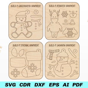 Ornements de Noël svg Laser Cut Files Pop Out Ornament Card SVG DIY KIT Pain d’épice Bonhomme de neige Bas de renne pour Glowforge dxf