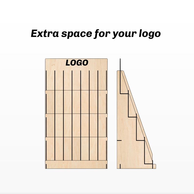 May include: A wooden display stand with shelves for products. The stand has a space for a logo at the top. The stand is shown in two views: a front view and a side view.