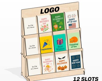 Laser Cut File for 3 Tier Counter Top Greeting Card Display Stand with 12 Slots Fits 5x7 Card  Postcard Brochure with Space for Logo