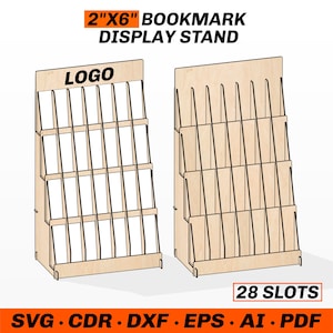 Laser Cut Bookmark Display Stand File, 28 Slot Holder, 4 Level Design, Fits 2x6 Inch Bookmarks, 6 Thickness Options, Svg Dxf Cdr Ai Eps Pdf