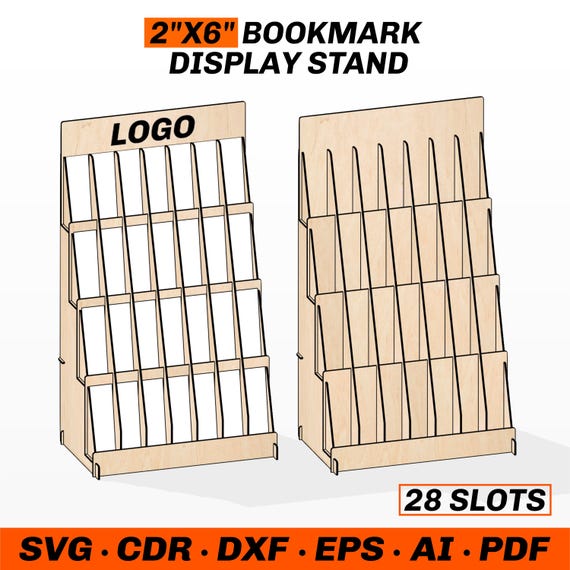 Laser Cut Bookmark Display Stand File, 28 Slot Holder, 4 Level Design, Fits 2x6 Inch Bookmarks, 6 Thickness Options, Svg Dxf Cdr Ai Eps Pdf