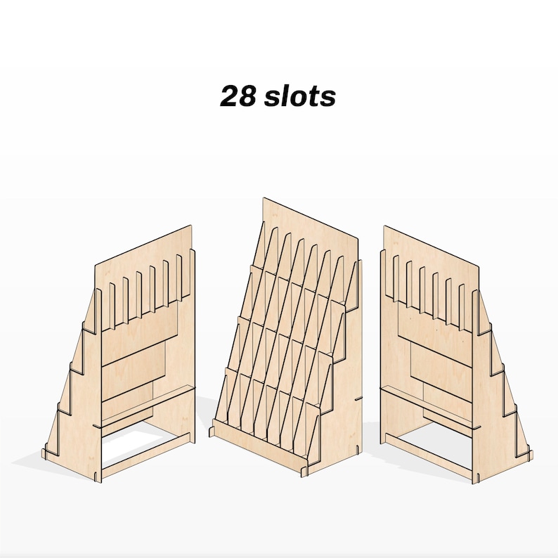 May include: A wooden magazine rack with 28 slots. The rack is made of plywood and has a natural wood finish. It is designed to hold magazines, brochures, or other printed materials. The rack is shown from three different angles.