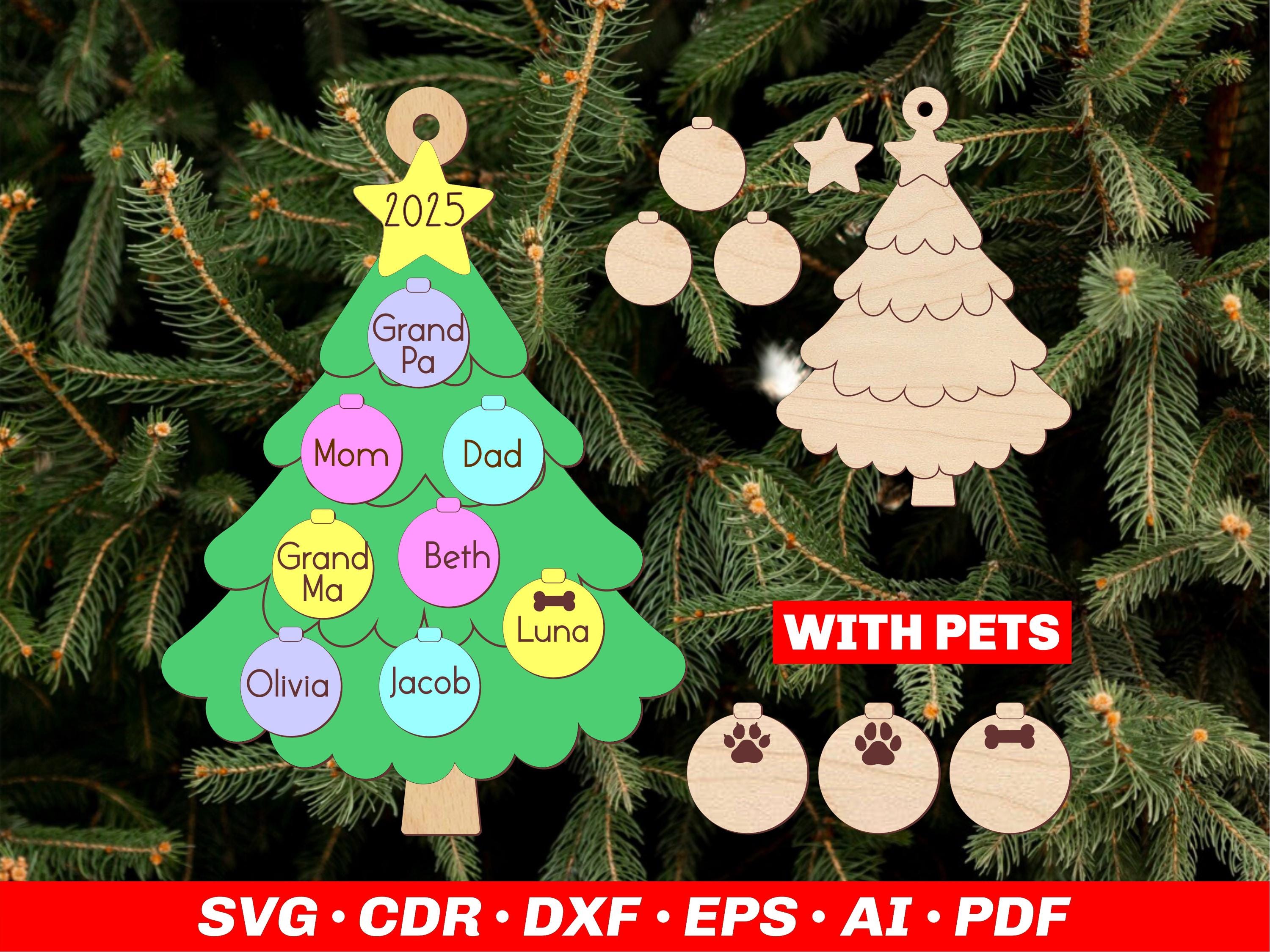 Family Name Christmas Tree Ornaments with Pets | Laser cut file SVG DXF