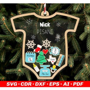 Adorno navideño personalizado para bebé con estadísticas de nacimiento personalizadas en formato SVG, archivo cortado con láser para regalo de recuerdo de recién nacido