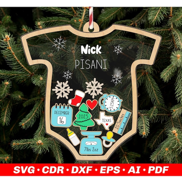 Personalized Baby First Christmas Shaker Ornament with Custom Birth Stats SVG, Newborn Keepsake Gift Laser  Cut File