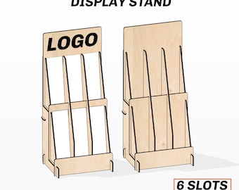 Expositor de marcapáginas cortado con láser (archivo SVG/DXF), con 6 ranuras para marcapáginas de 2x6, diseño compacto para espacios pequeños.