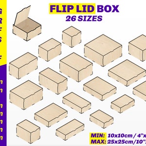 Caja de corte láser con tapa abatible, caja de almacenamiento, 26 tamaños diferentes, materiales de diferentes grosores, archivos de corte láser Glowforge SVG, DXF