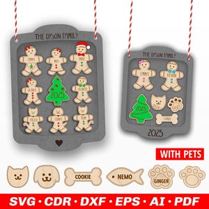 Ornamento personalizzato per nome di famiglia SVG, ornamenti natalizi di pan di zenzero con animali domestici, file di ornamenti familiari tagliati al laser