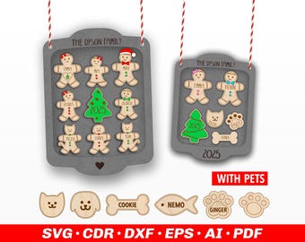 Personalized Family Name Ornament SVG, Gingerbread Christmas Ornaments with Pets, Laser Cut Family Ornaments Files