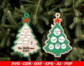 Personalized Family Christmas Ornament with names and pets | SVG DXF Laser Cut File for Glowforge and laser cutting