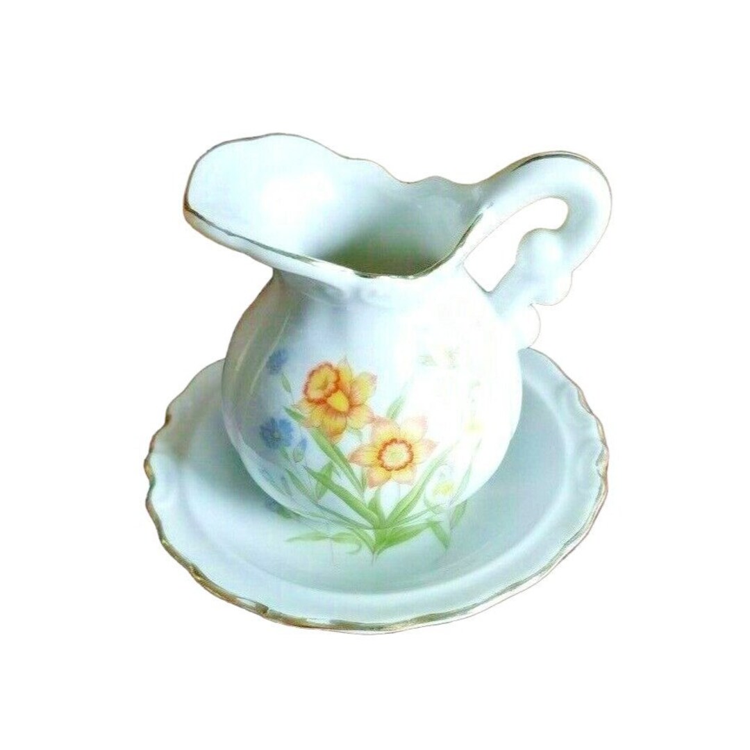 Vintage Small Pitcher and Bowl Set Yellow Blue Floral Etsy