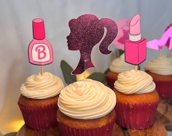 12 Doll Inspired Cupcake Toppers, Pink Cake Topper, Doll Cake Topper, Let's Go Party Cake Topper, Doll Party Decorations, Doll Toppers