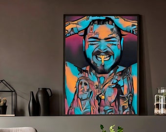 Natural Canvas Poster 24-32&quot;, Custom Made Hand Drawn Post Malone wall art Print, decoration for home office dorm mans cave, rap singer gift
