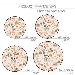 May include: Four round, cream-colored flannel rugs with a rainbow, cloud, and leaf pattern. The rugs are available in four sizes: 23.62 inches, 31.49 inches, 39.37 inches, and 47.24 inches.