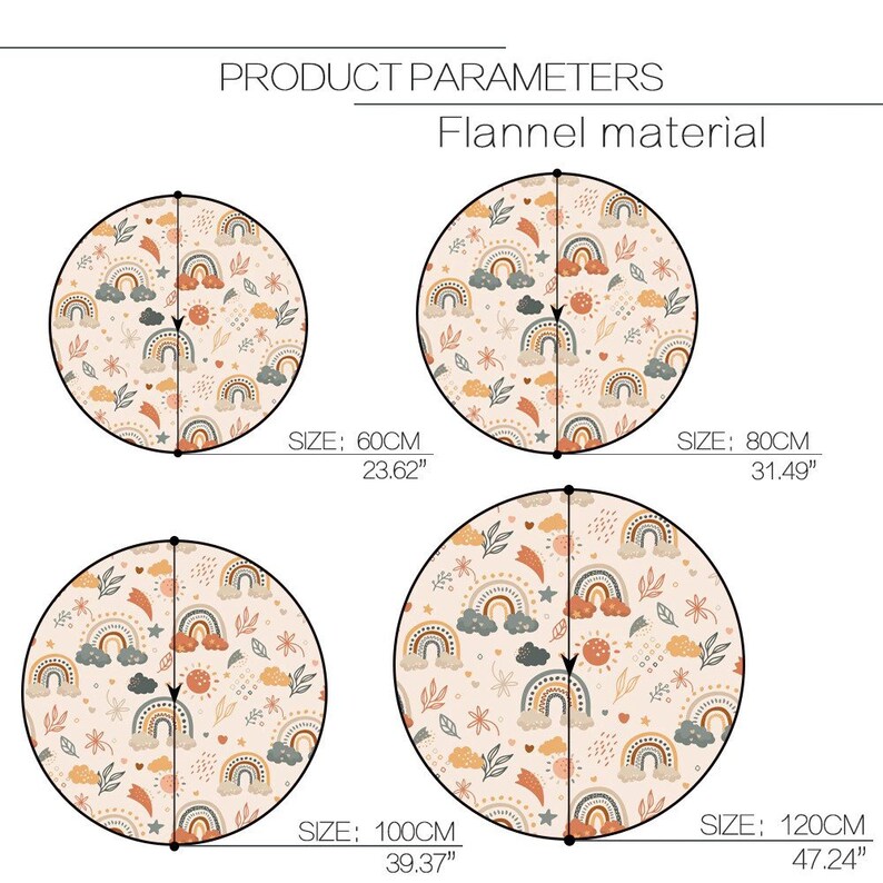 May include: Four round, cream-colored flannel rugs with a rainbow, cloud, and leaf pattern. The rugs are available in four sizes: 23.62 inches, 31.49 inches, 39.37 inches, and 47.24 inches.