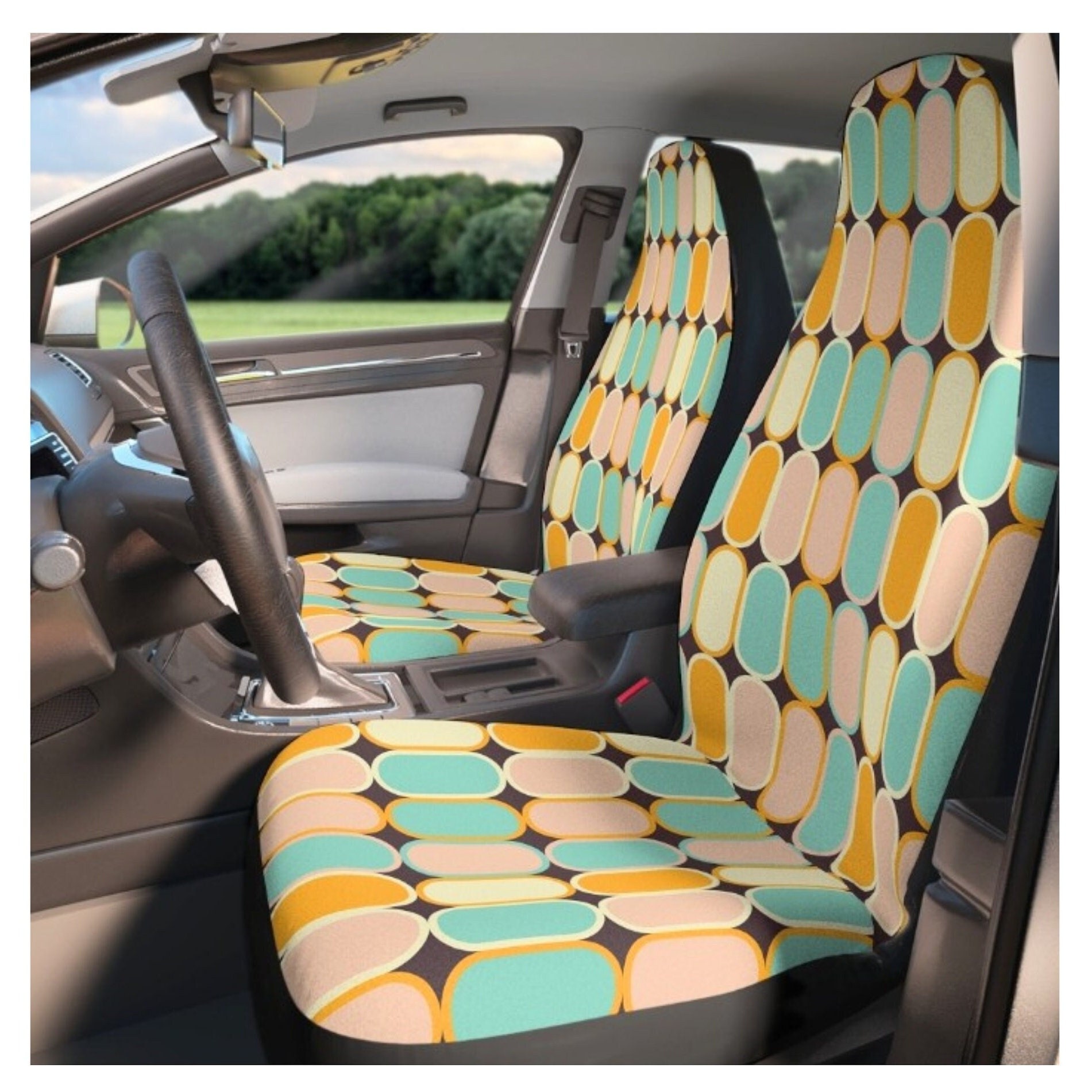 Retro Radiation Autositzbezüge für Fahrzeug für Herren für Damen, 70er  Jahre Sitzbezüge fürs Auto Niedlich, 60er Jahre Vintage Stil, braun, 2er-Set  - .de