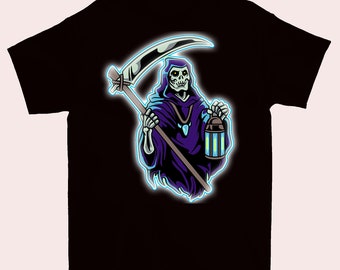 May include: Black t-shirt with a glow-in-the-dark graphic of the Grim Reaper holding a scythe and a lantern.