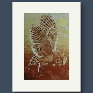Twighlight Barn Owl | Limited edition Original Linocut Art Print. | 11x14in | Wall Art | Wildlife art print | Bird Art Print | Home decor.